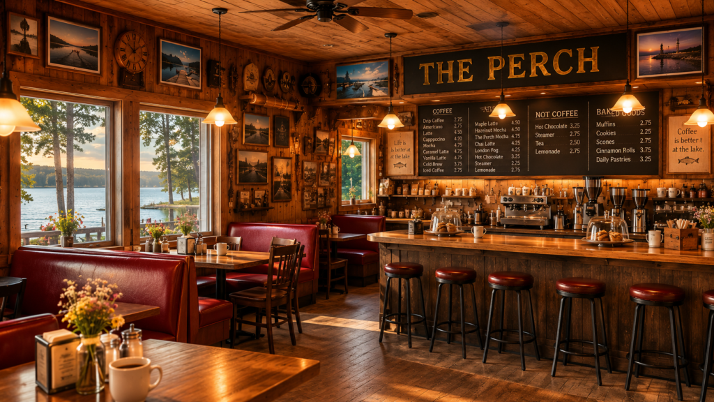 Warm cafe with fishing theme
