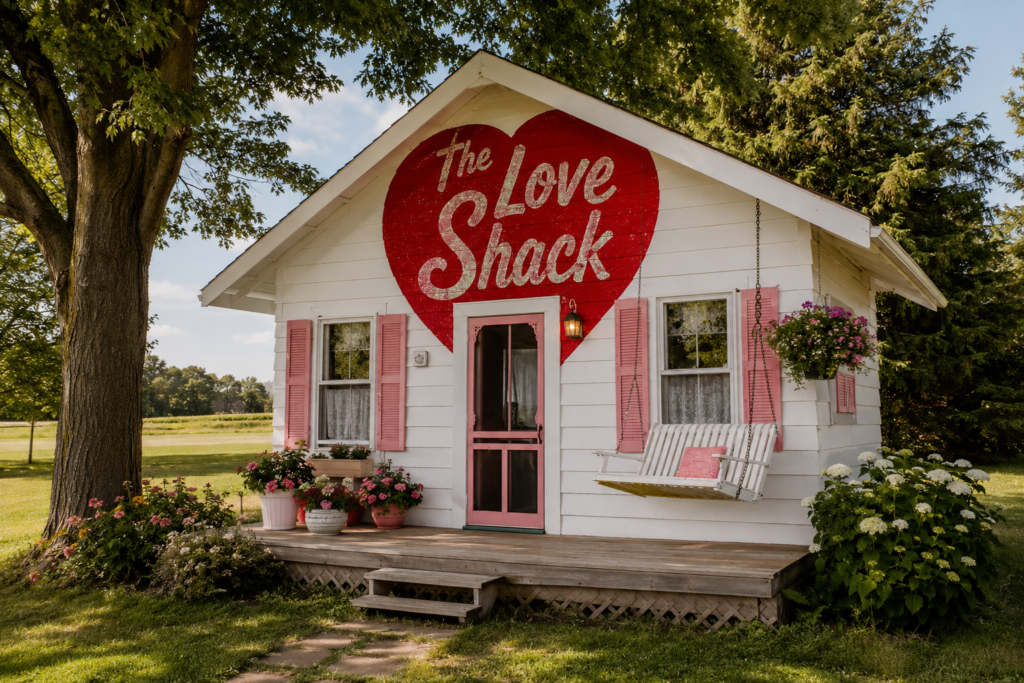 The Love Shack cabin at Highway Haven Motel, a white cottage with pink shutters and a large red heart over the door