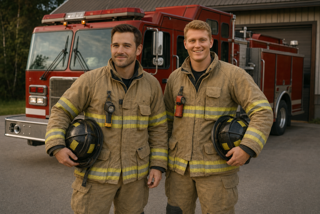 Volunteer firefighters Graham Bentley and Chris Kelly standing in turnout gear before an Ashby Lake fire engine.