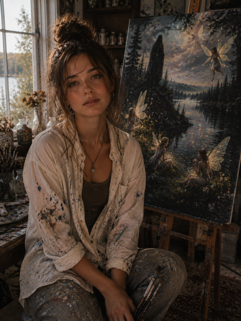 Gillian beside a fairy painting in her art studio