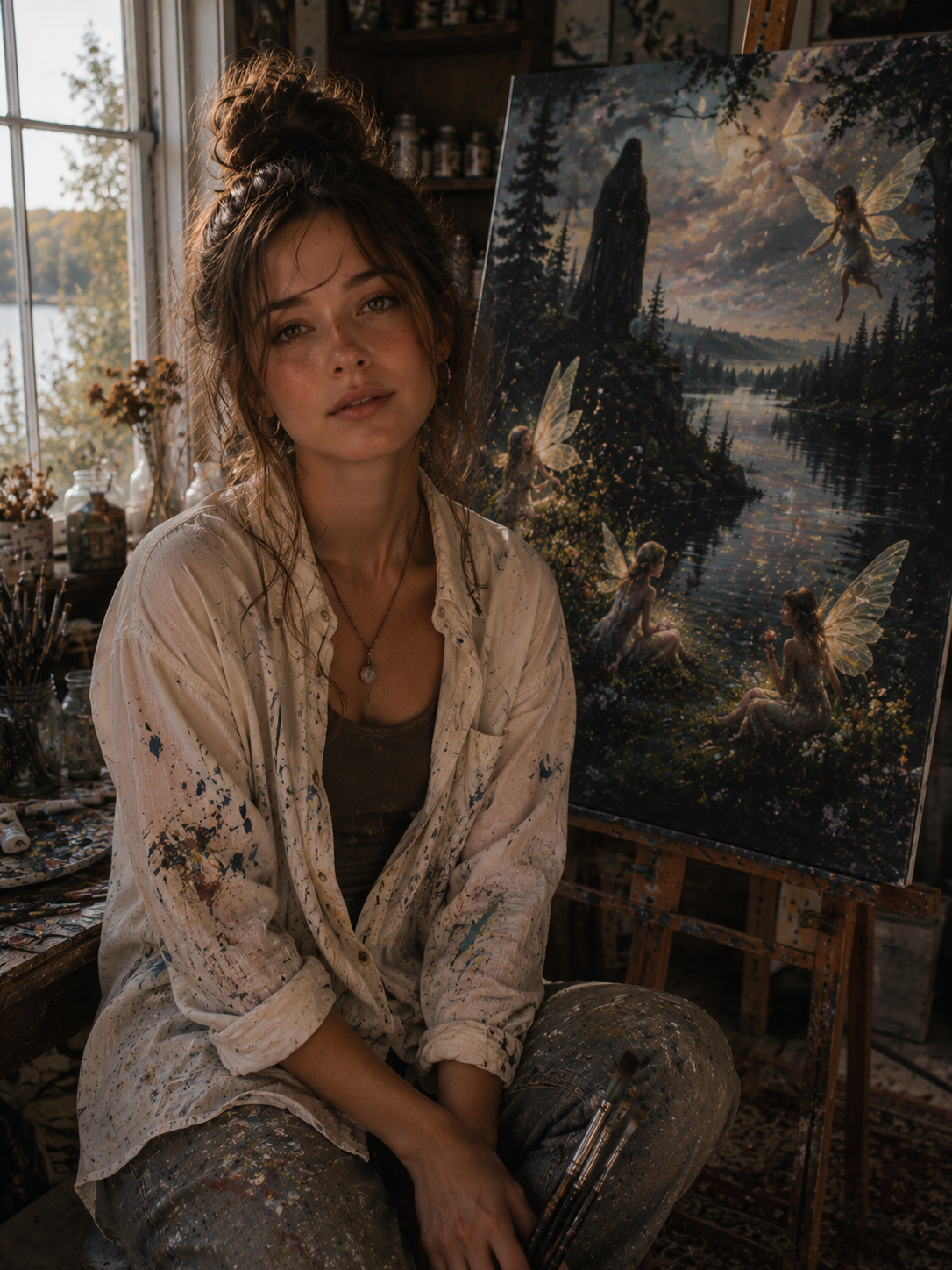 Gillian Munroe painting in her preserved art studio at Goat Haven