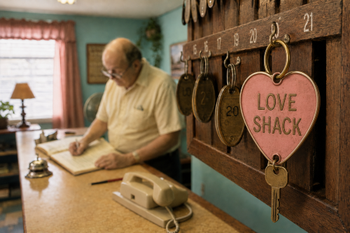 Older motel clerk behind the Highway Haven office desk with the brass Love Shack key and large pink heart fob hanging on the wall