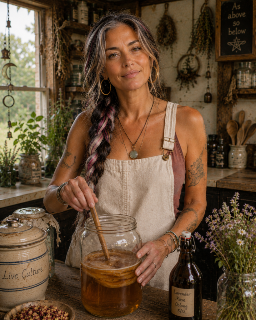 Luna Munroe preparing herbal remedies