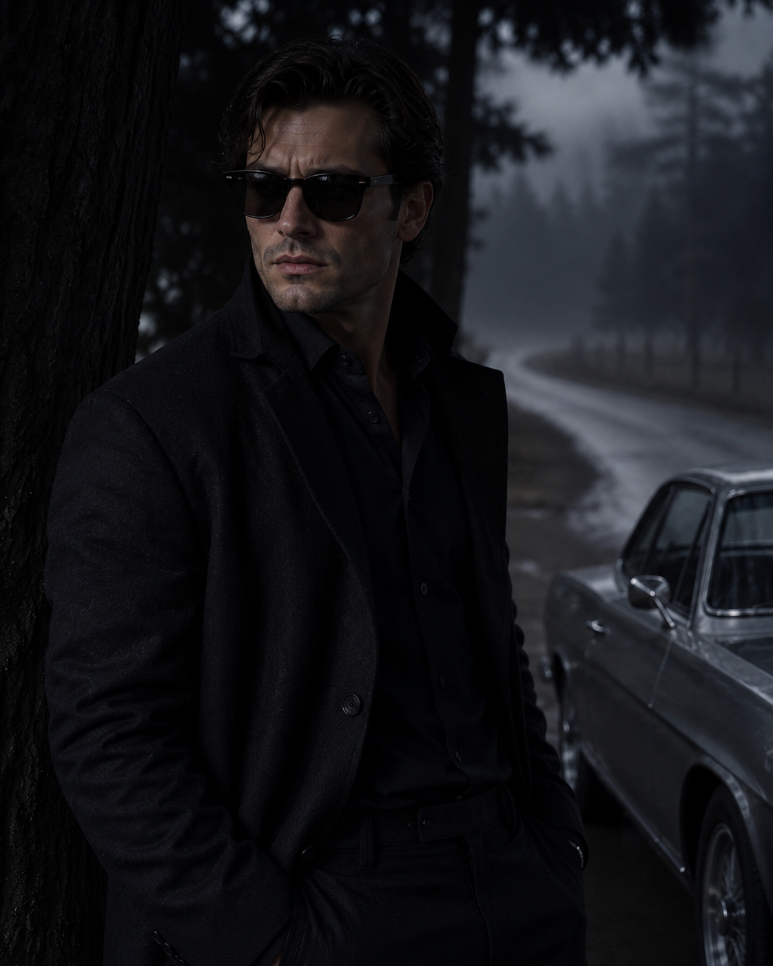 Montgomery Marcon waiting beside a vintage car