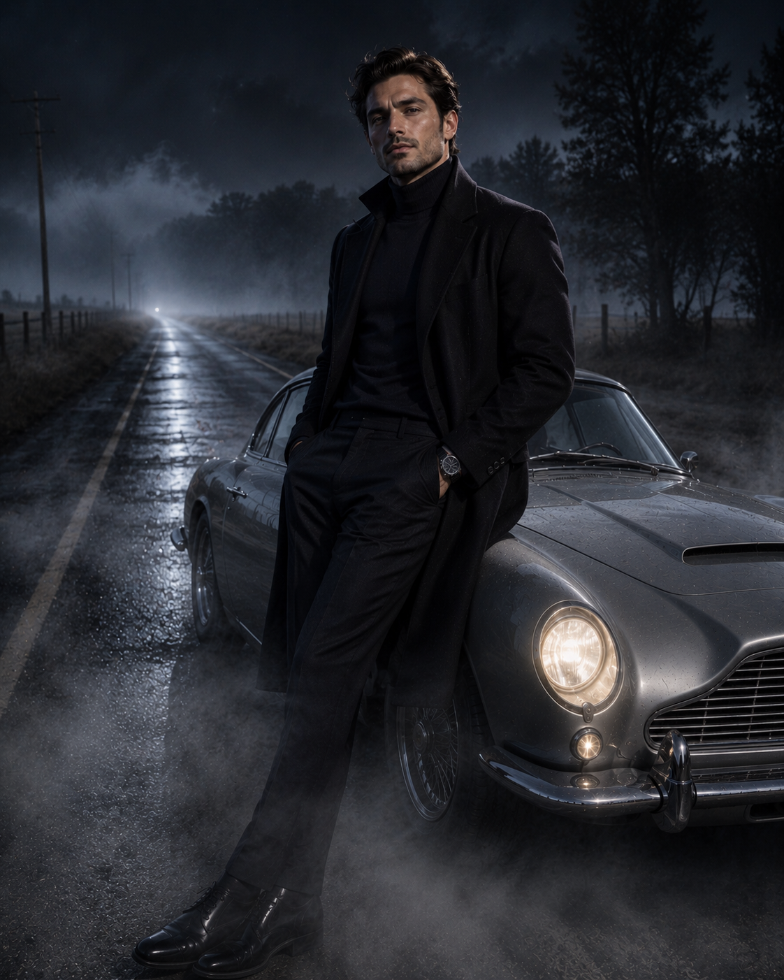 Montgomery Marcon beside his silver car on a foggy Ashby Lake road