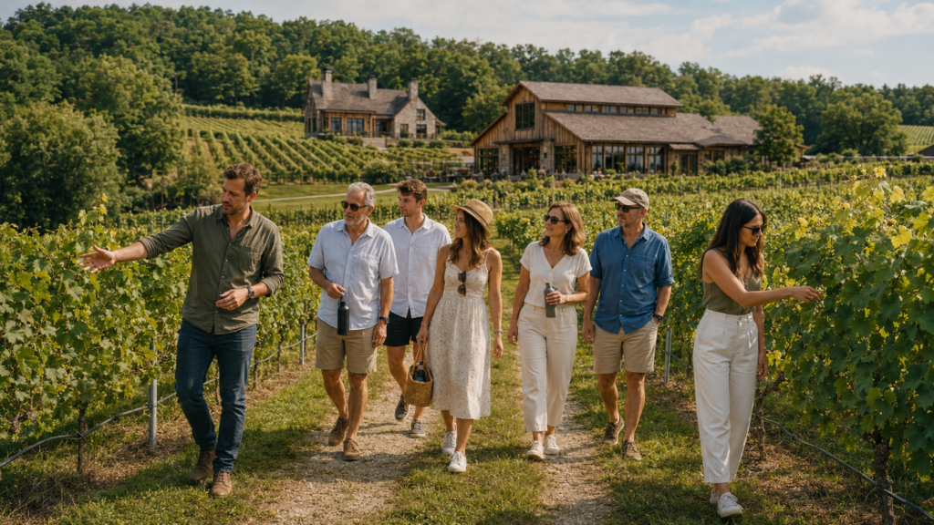 Guests enjoying a guided walking tour through the vineyard rows at Ward Wines in Ashby Lake