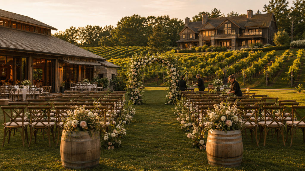 Elegant outdoor wedding reception set among the vineyards at Ward Wines in Ashby Lake