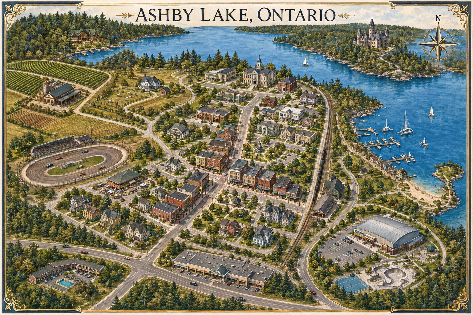 Ashby Lake interactive map of the fictional Ontario town, showing Main Street, farms, civic buildings, railway, marina, motor racetrack, arena and surrounding roads.