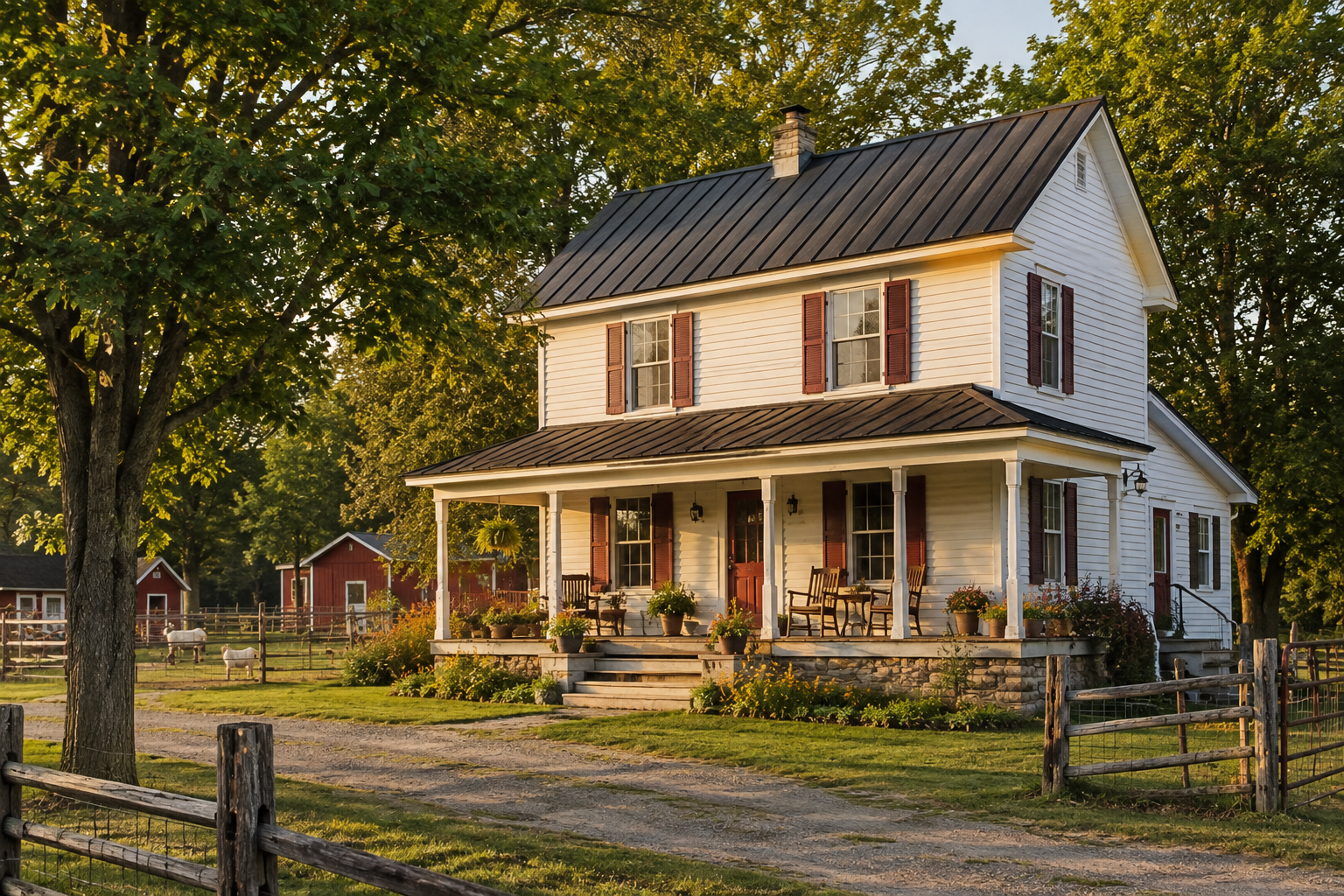 Goat Haven farmhouse and fenced goat pasture in fictional Ashby Lake, Ontario