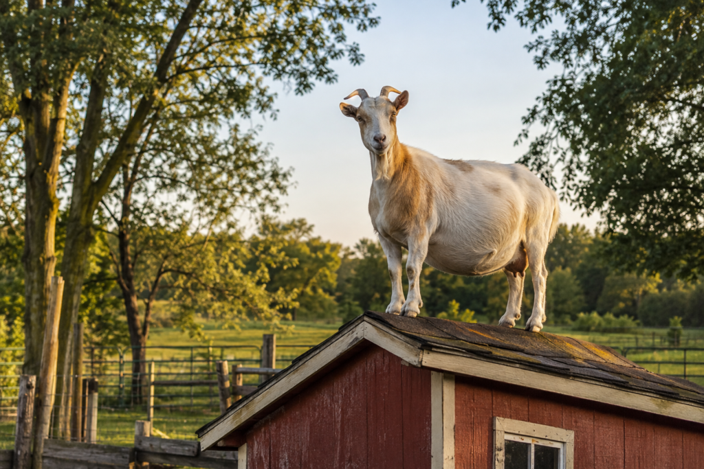 Pregnant Starlight standing on the roof of the goat shed at Goat Haven