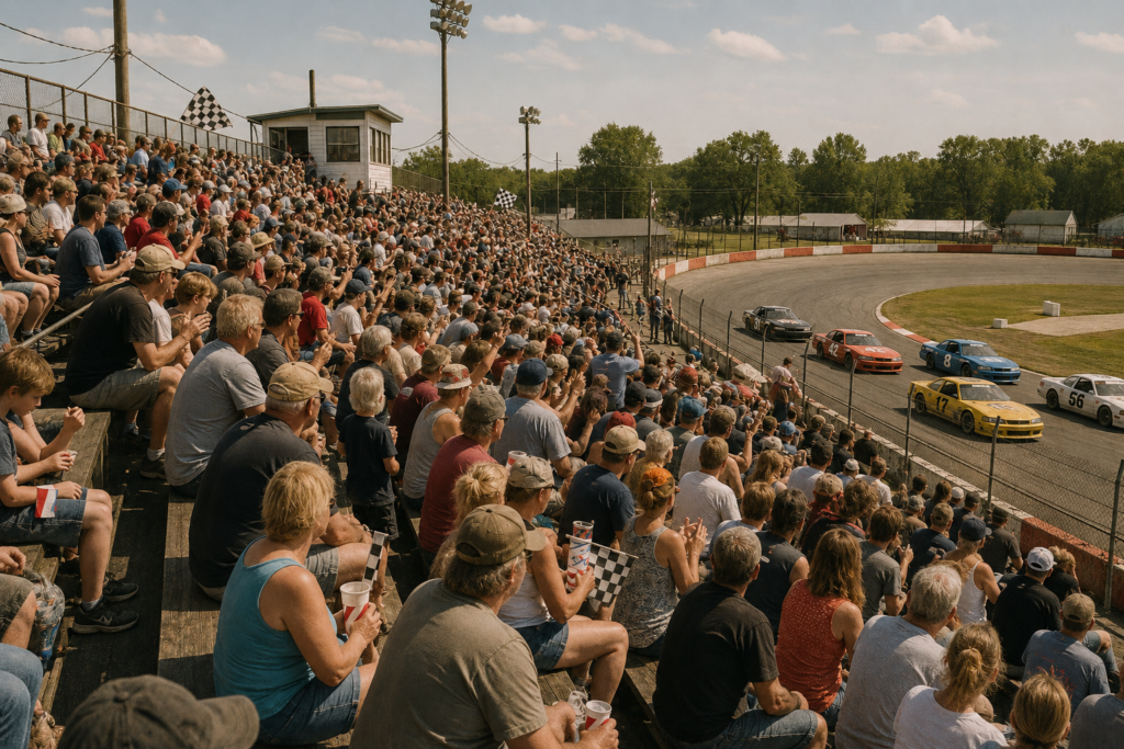 A packed grandstand cheering during race day at Ashby Lake Racetrack