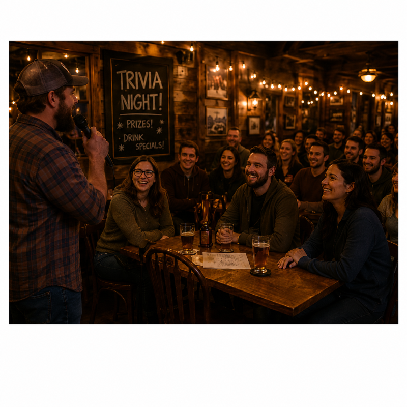 Squirrels Pub trivia night in fictional Ashby Lake, Ontario, with a host and teams gathered around wooden tables