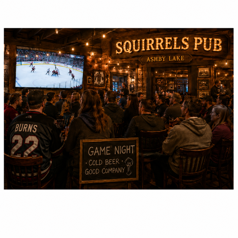 Ashby Lake hockey fans watching a game together at Squirrels Pub, including a fan in a Burns number 22 jersey