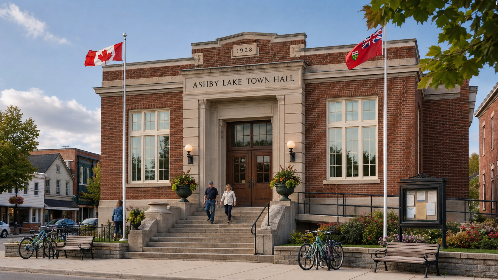 The heritage Ashby Lake Town Hall entrance at 101 Main Street.