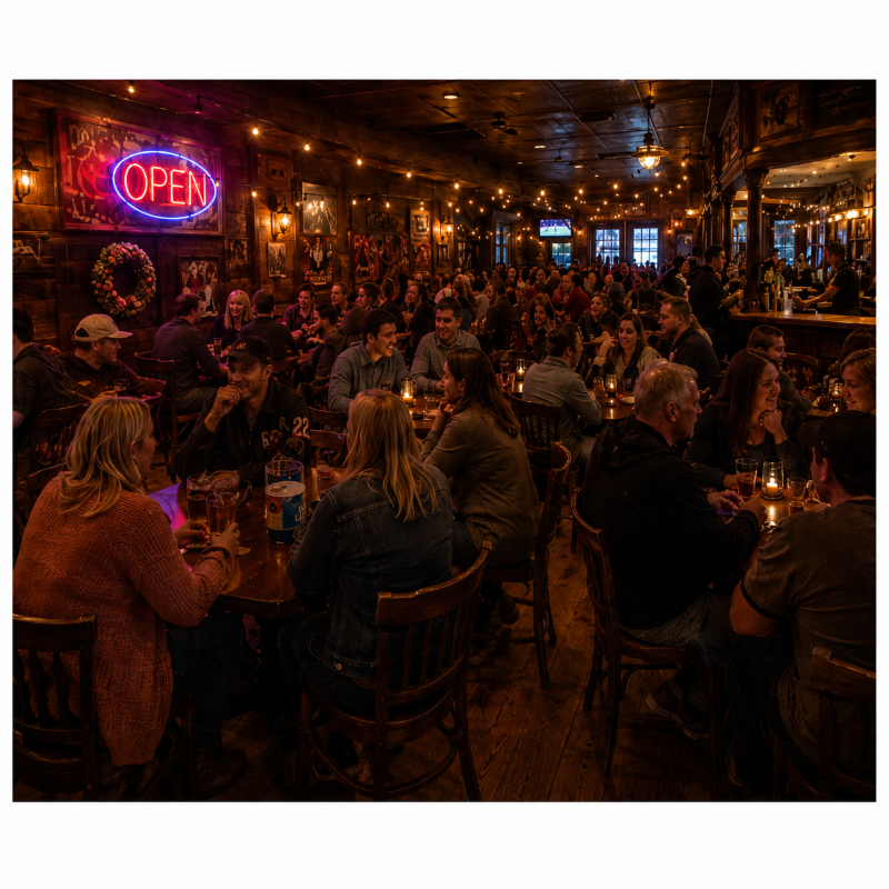 A lively evening crowd filling the warmly lit rustic interior of Squirrels Pub in fictional Ashby Lake, Ontario