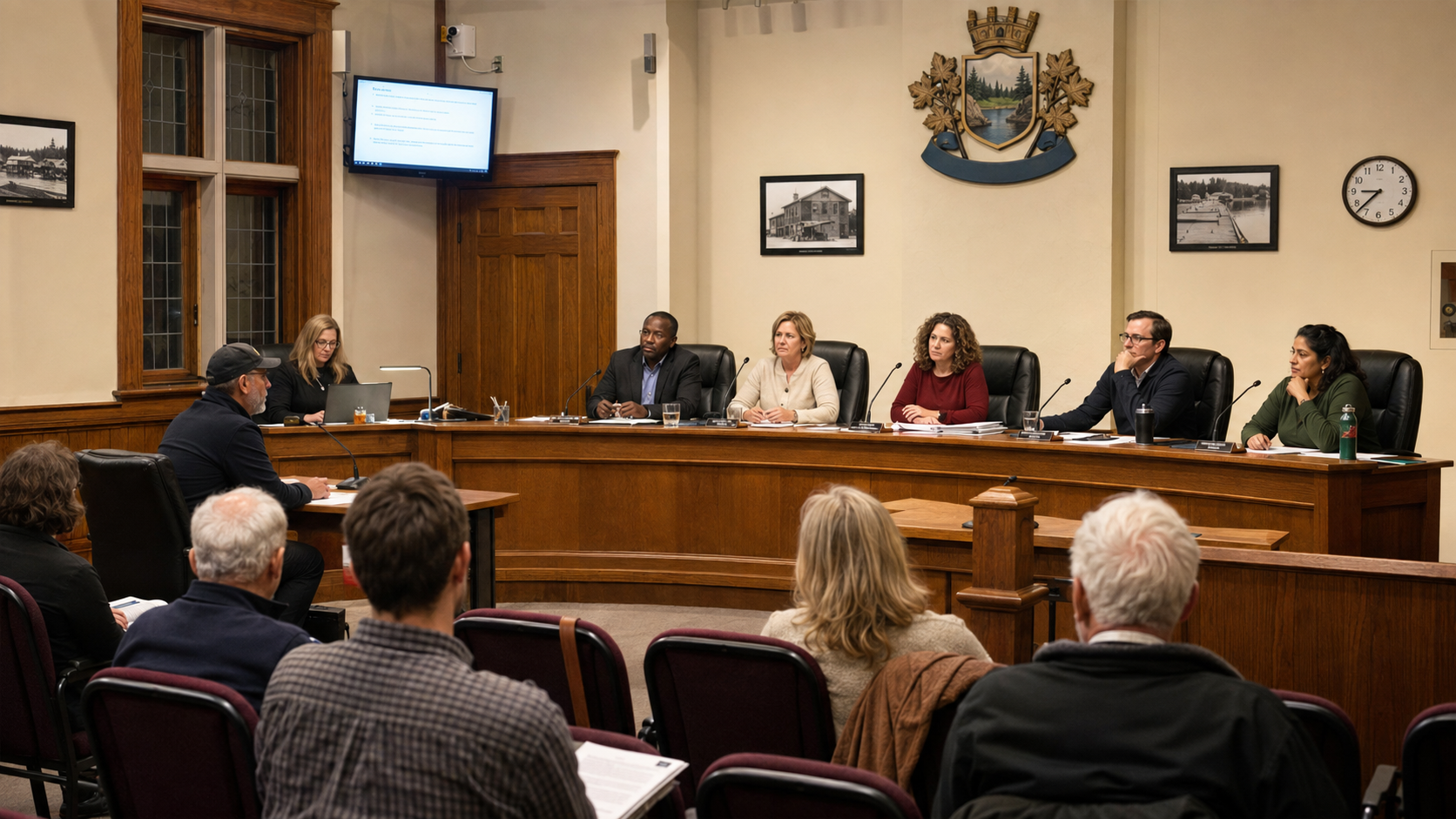 Mayor Rosemary Keating and Ashby Lake councillors hearing a public delegation during a council meeting.