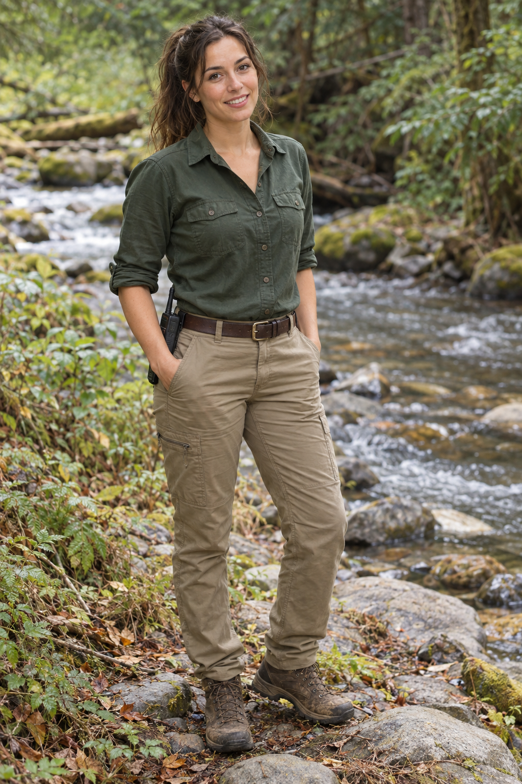 Lindsay Simpson, forestry specialist in a green shirt and khaki trousers