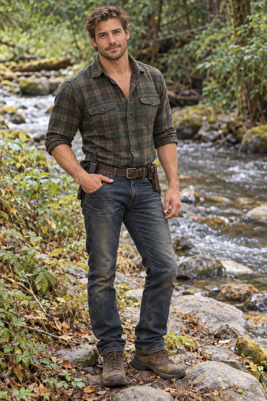 Colter Hayes, rugged tracker in a plaid shirt